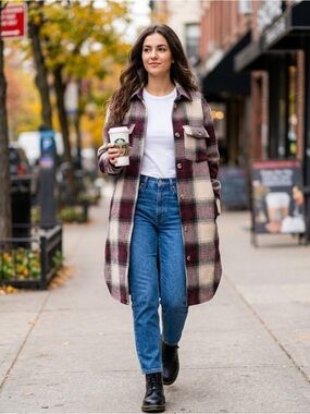 Sweet Love Burgundy and Cream Plaid Long Trench Coat